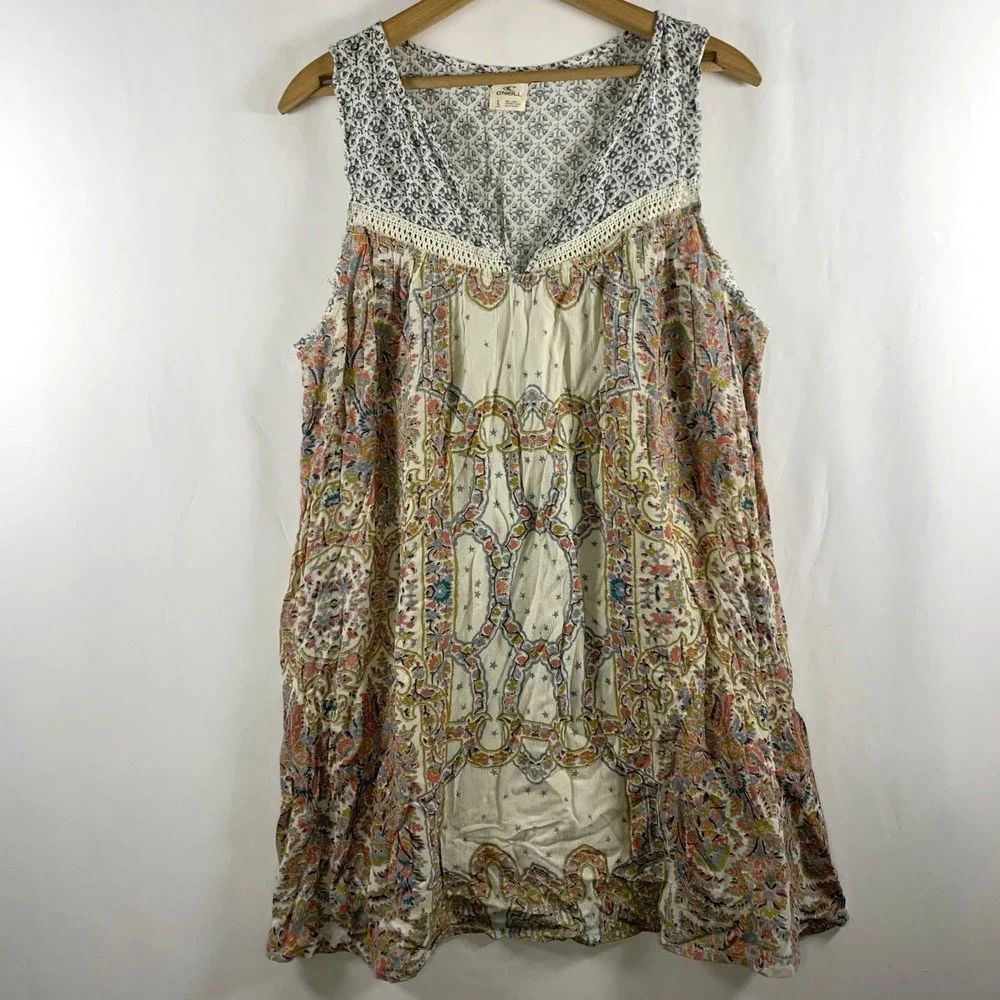 Womens Lightweight Swing Mini Dress Sz L Boho Beachy Indie Festival Raw Edge